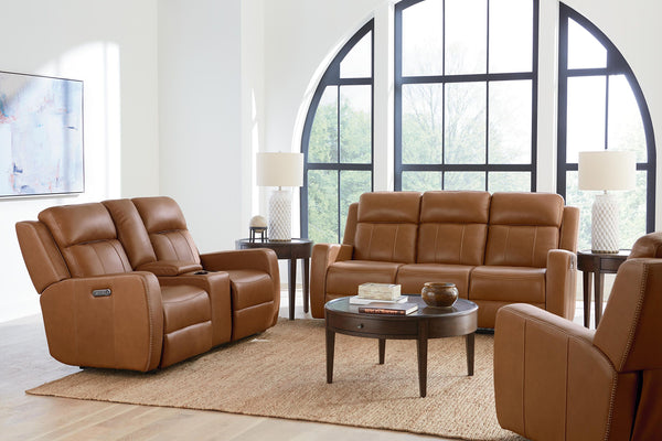 Bassett Club Level Norwood Power Motion Consoled Loveseat in Tan Leather - Chapin Furniture
