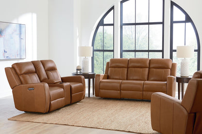 Bassett Club Level Norwood Power Motion Sofa in Tan Leather - Chapin Furniture