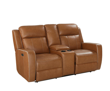 Bassett Club Level Norwood Power Motion Consoled Loveseat in Tan Leather - Chapin Furniture