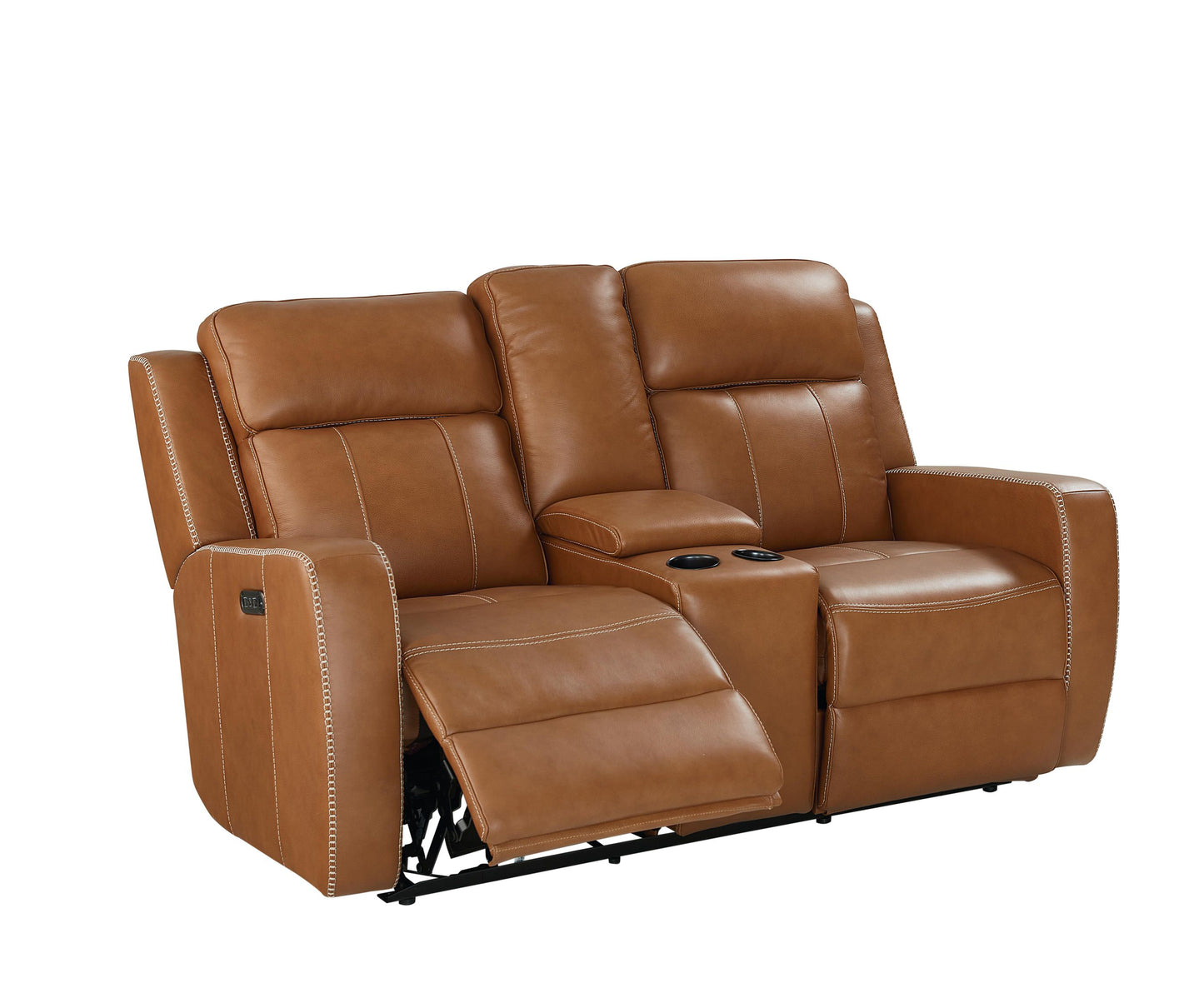 Bassett Club Level Norwood Power Motion Consoled Loveseat in Tan Leather - Chapin Furniture