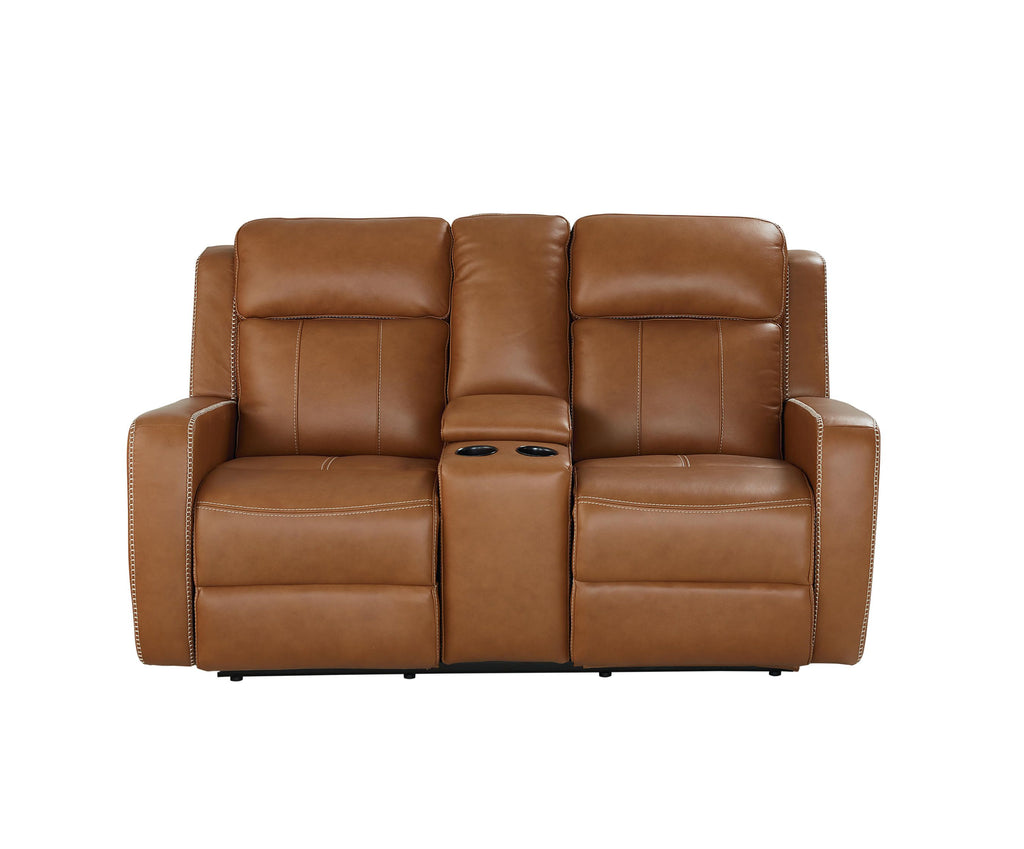 Bassett Club Level Norwood Power Motion Consoled Loveseat in Tan Leather - Chapin Furniture