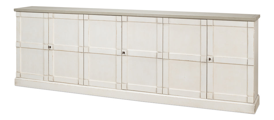 Luciana 6 Wood Door Buffet, 112", White/White Base, Gray Quartz Top - Chapin Furniture