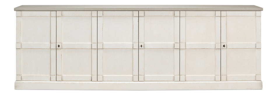 Luciana 6 Wood Door Buffet, 112", White/White Base, Gray Quartz Top - Chapin Furniture