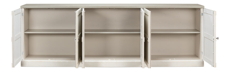 Luciana 6 Wood Door Buffet, 112", White/White Base, Gray Quartz Top - Chapin Furniture