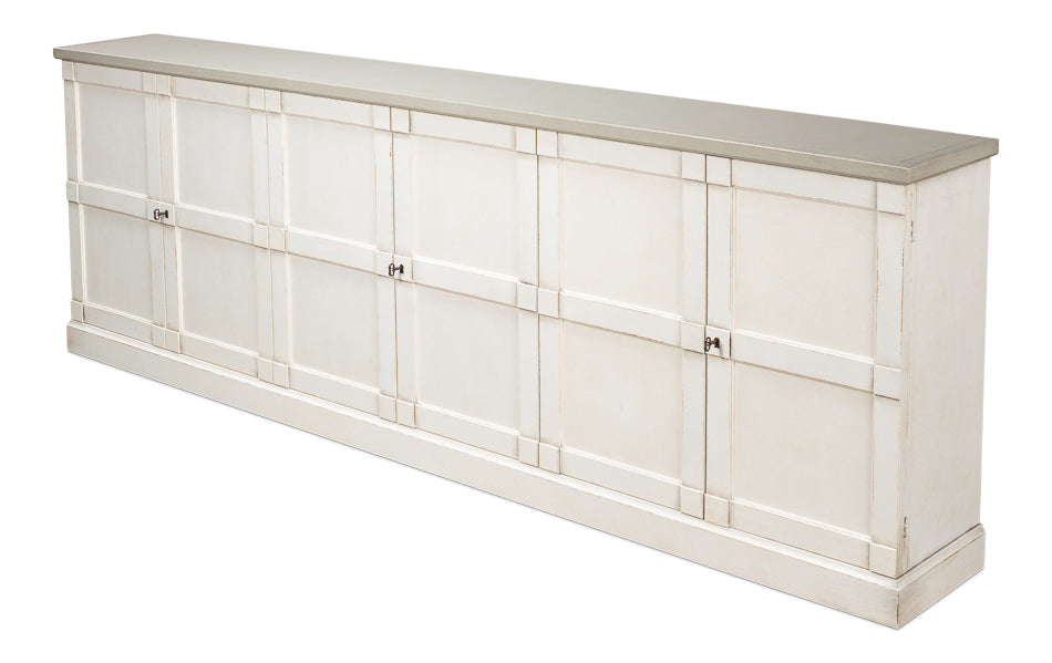 Luciana 6 Wood Door Buffet, 112", White/White Base, Gray Quartz Top - Chapin Furniture