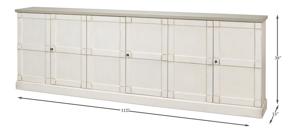 Luciana 6 Wood Door Buffet, 112", White/White Base, Gray Quartz Top - Chapin Furniture