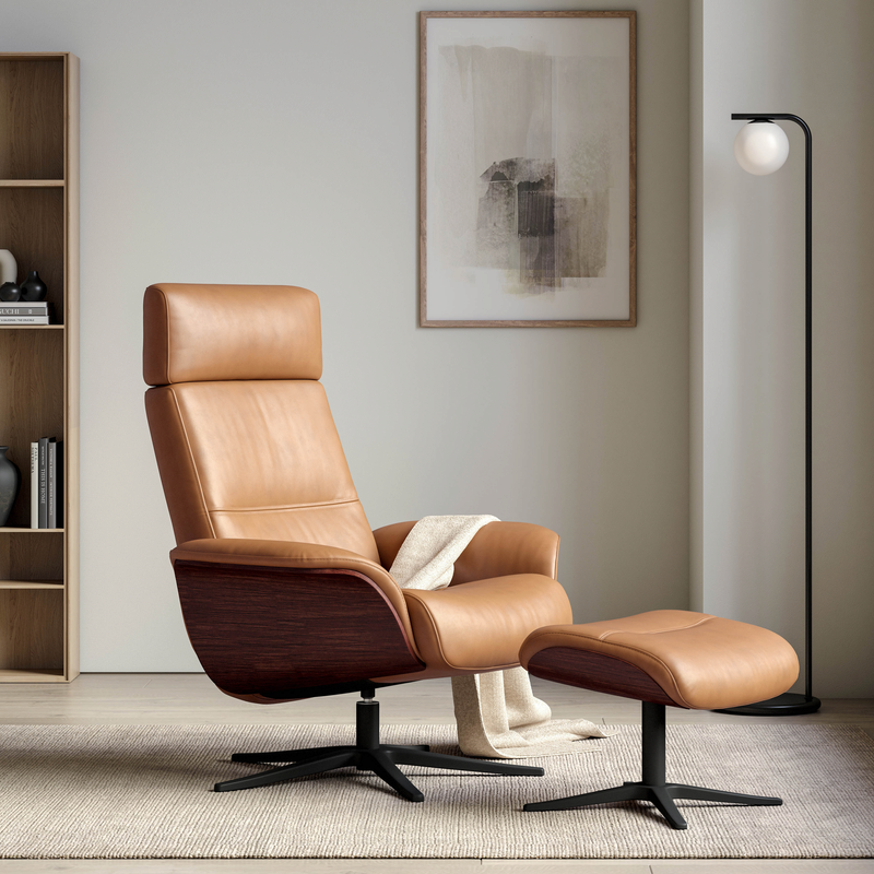 Space 5100 Chair and Ottoman- Tuxedo Leather/Walnut Trim/Classic Polished Base - Chapin Furniture