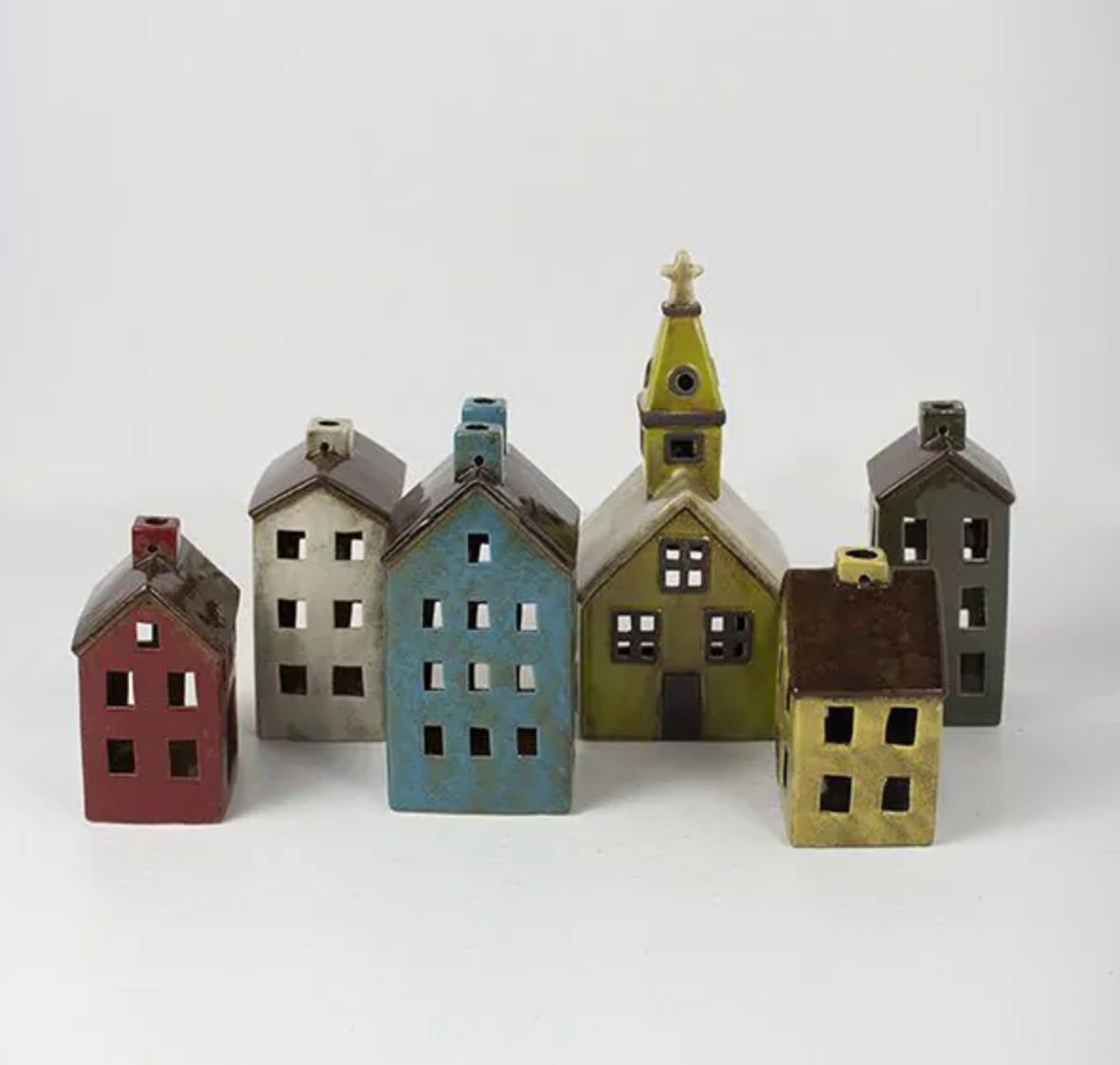 Set of 6 Colorful Ceramic Village - Chapin Furniture