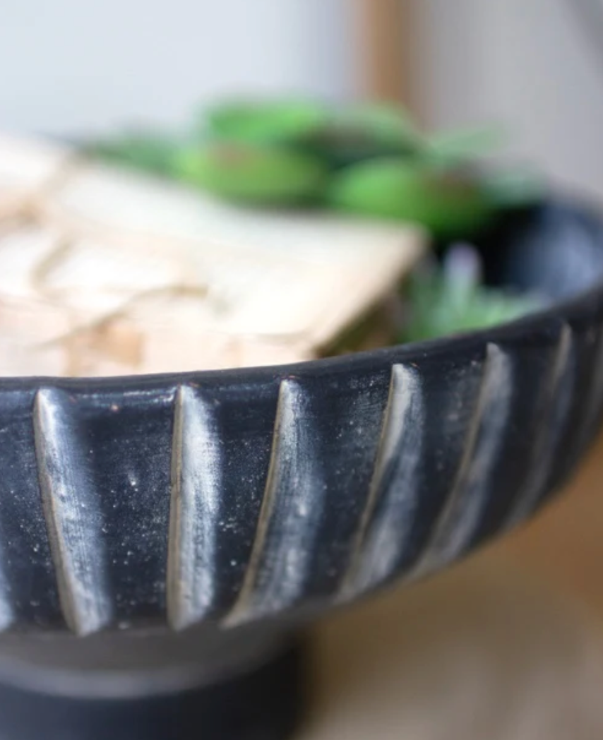 Black Wash Footed Clay Bowls with Detail on Rim - Chapin Furniture