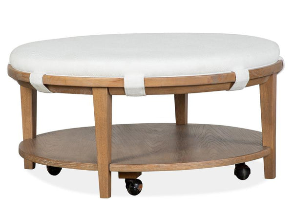 Lindon Round Cocktail Table w/White Upolstered Top & Casters - Chapin Furniture