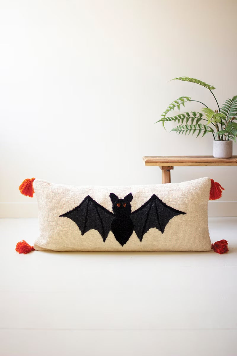 Halloween Bat Hand Hooked Pillow - Chapin Furniture