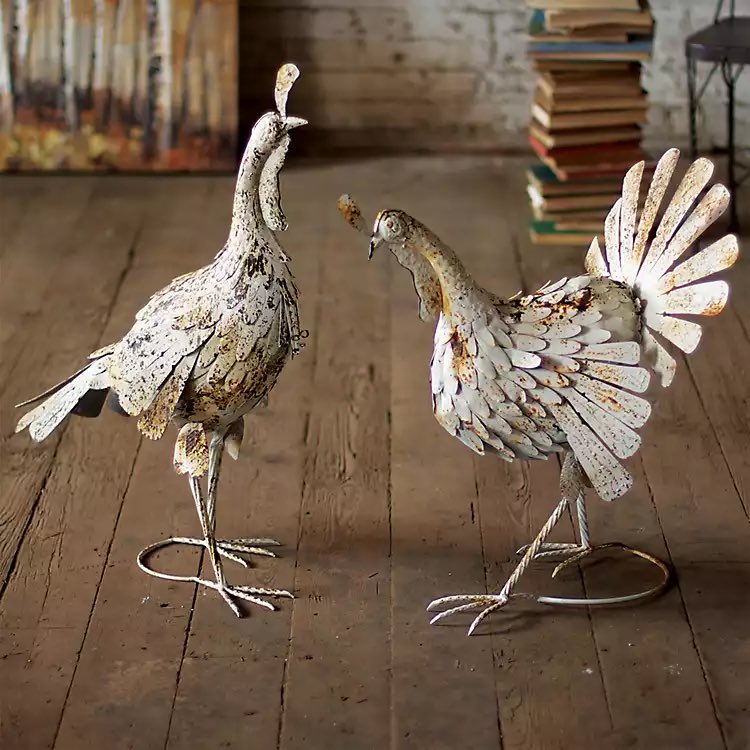 Set of 2 Antique White Metal Turkeys - Chapin Furniture