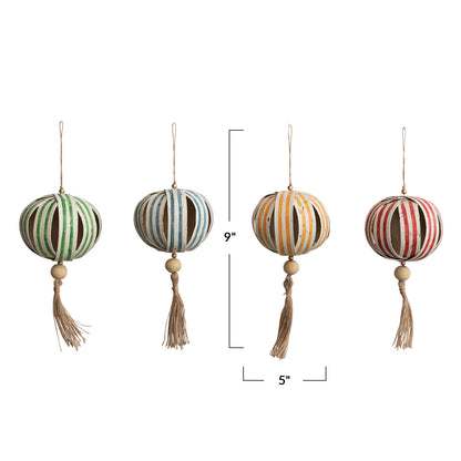 Paper Ball Ornament w/ Wood Bead & Tassel- Set of 4 - Chapin Furniture