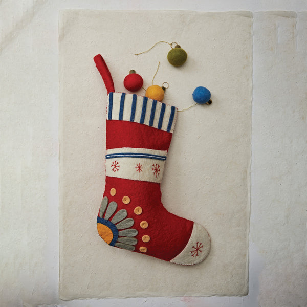 Handmade Wool Felt Stocking w/ Embroidered Snowflakes & Flower - Chapin Furniture