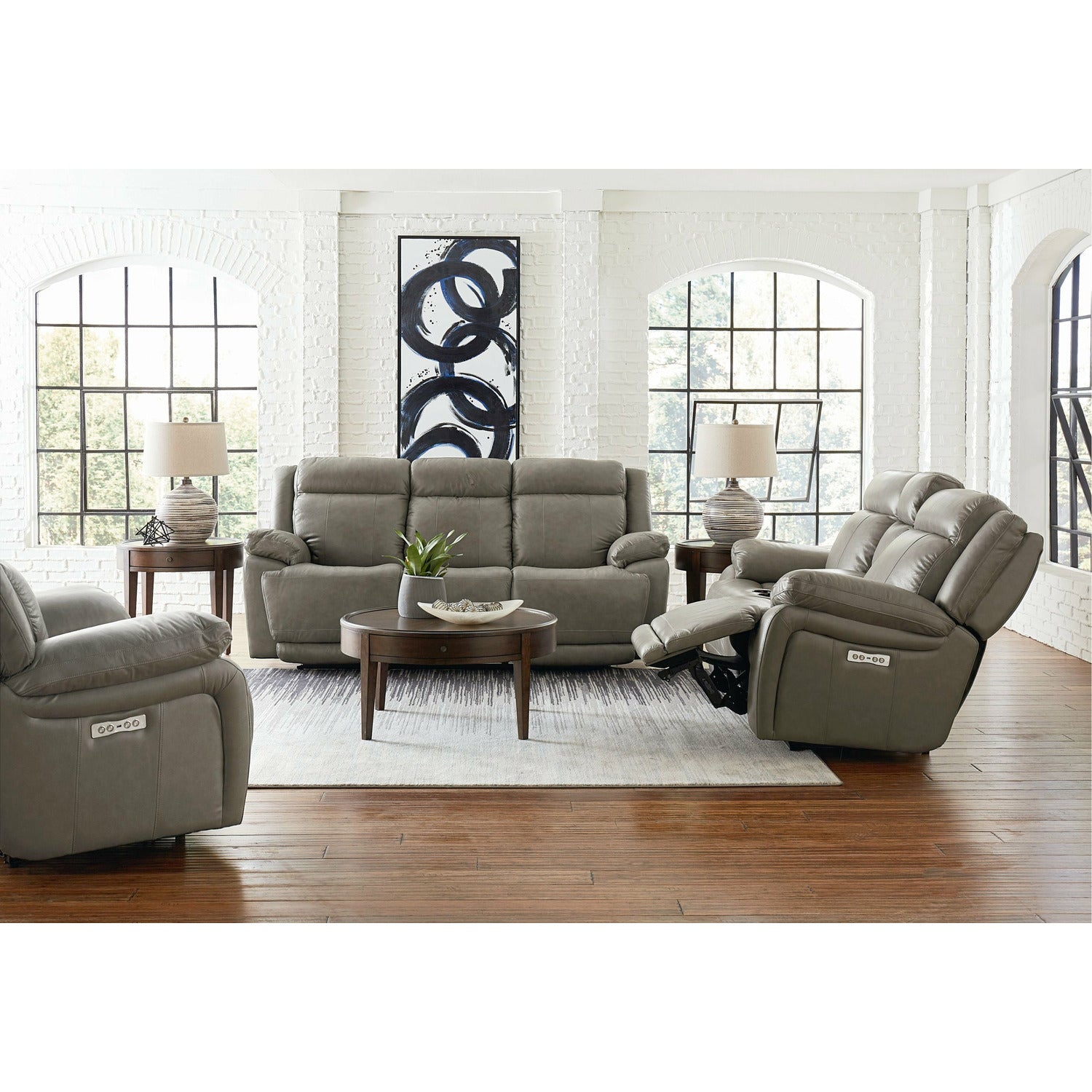 Bassett Club Level Evo Power Motion Sofa in Pewter Leather - Chapin Furniture