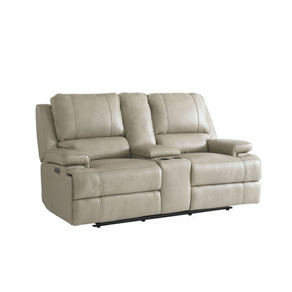 Bassett Club Level Parsons Leather Double Reclining Loveseat with Console in Flax Leather - Chapin Furniture