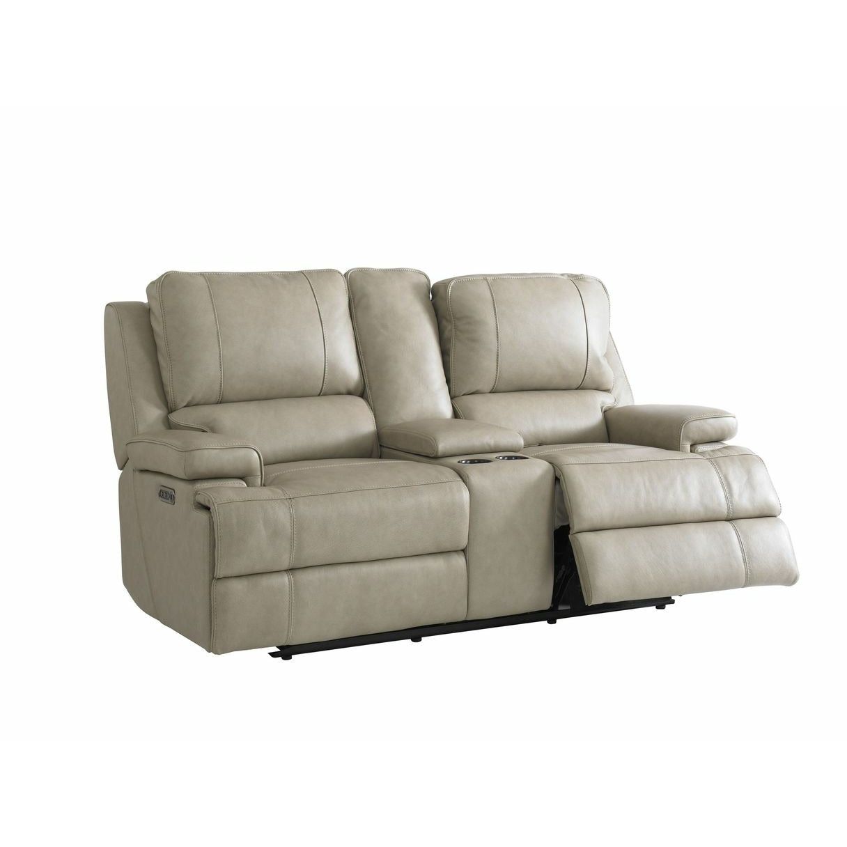 Bassett Club Level Parsons Leather Double Reclining Loveseat with Console in Flax Leather - Chapin Furniture