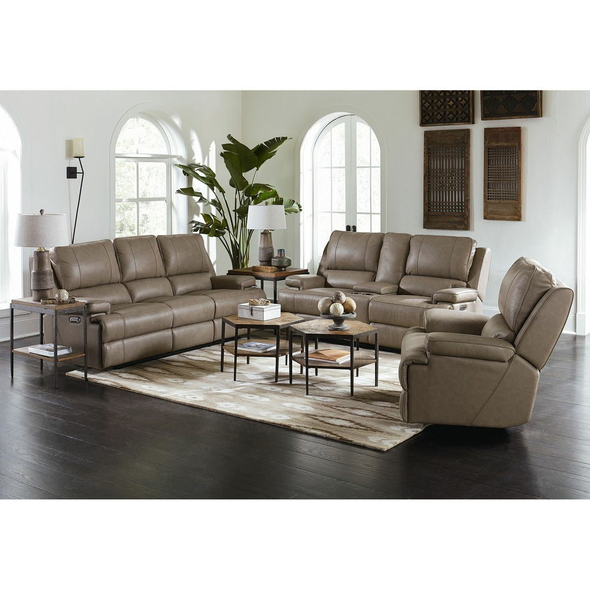 Bassett Club Level Parsons Leather Double Reclining Loveseat with Console in Flax Leather - Chapin Furniture