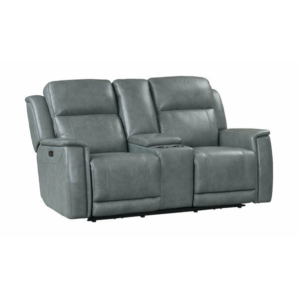 Bassett Club Level Conover Motion Consoled Loveseat- Blue Gray Leather - Chapin Furniture