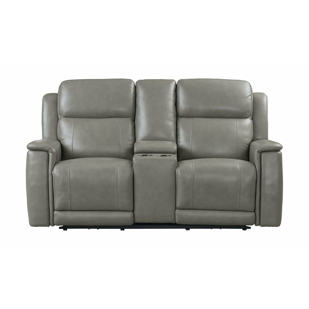 Bassett Club Level Conover Motion Consoled Loveseat- Light Gray Leather - Chapin Furniture