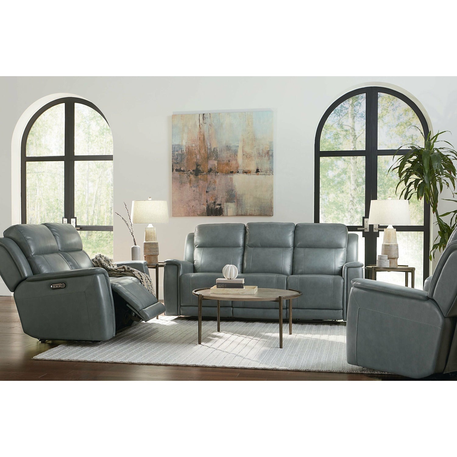 Bassett Club Level Conover Motion Sofa- Blue Gray Leather - Chapin Furniture