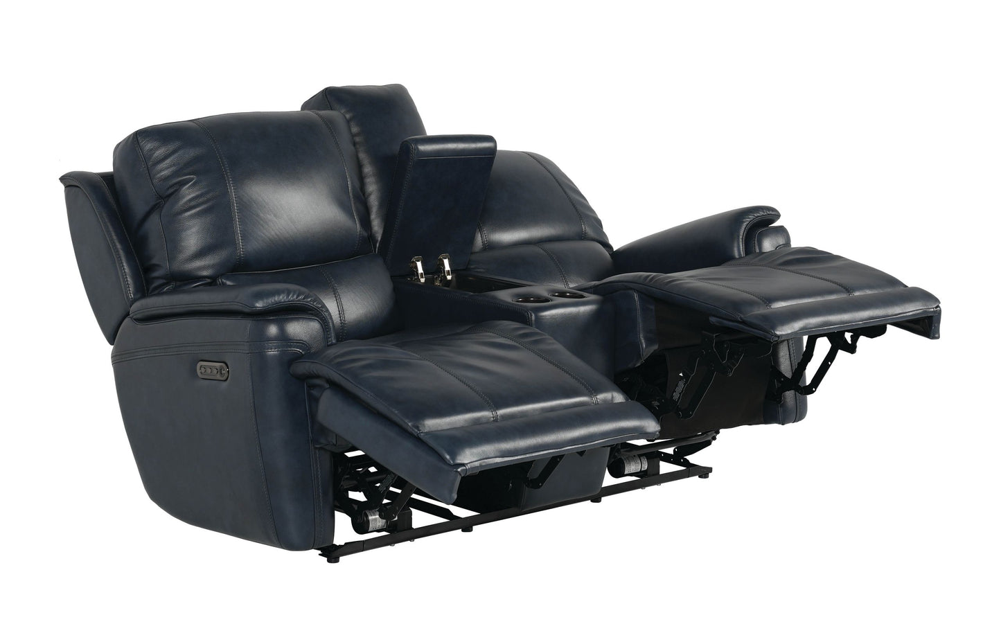 Bassett Club Level Burlington Power Motion Loveseat With Console in Navy Leather - Chapin Furniture