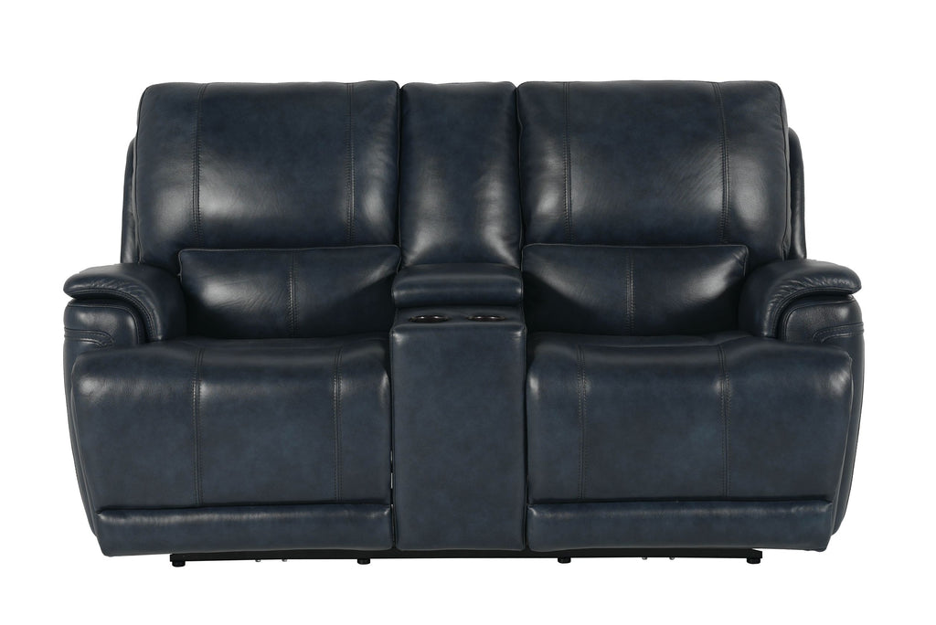 Bassett Club Level Burlington Power Motion Loveseat With Console in Navy Leather - Chapin Furniture