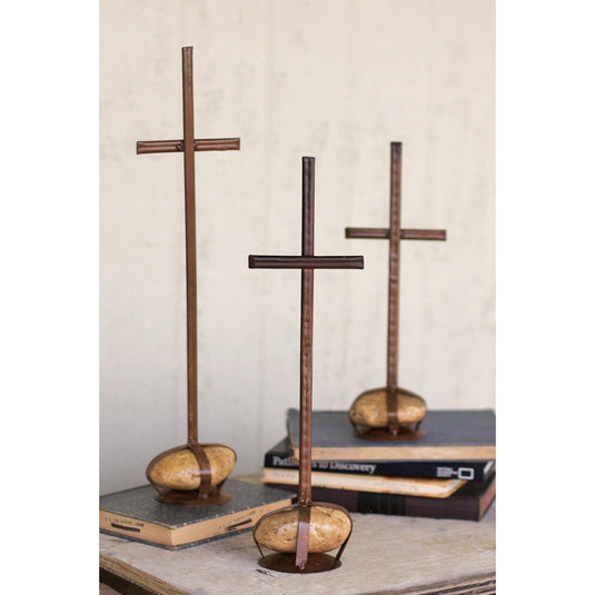 Set of 3 Scrap Metal Crosses With Caged Rock Bases - Chapin Furniture