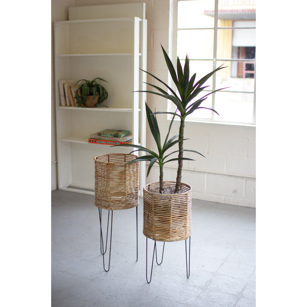 Set of 2 Round Seagrass Planters with Iron Bases - Chapin Furniture