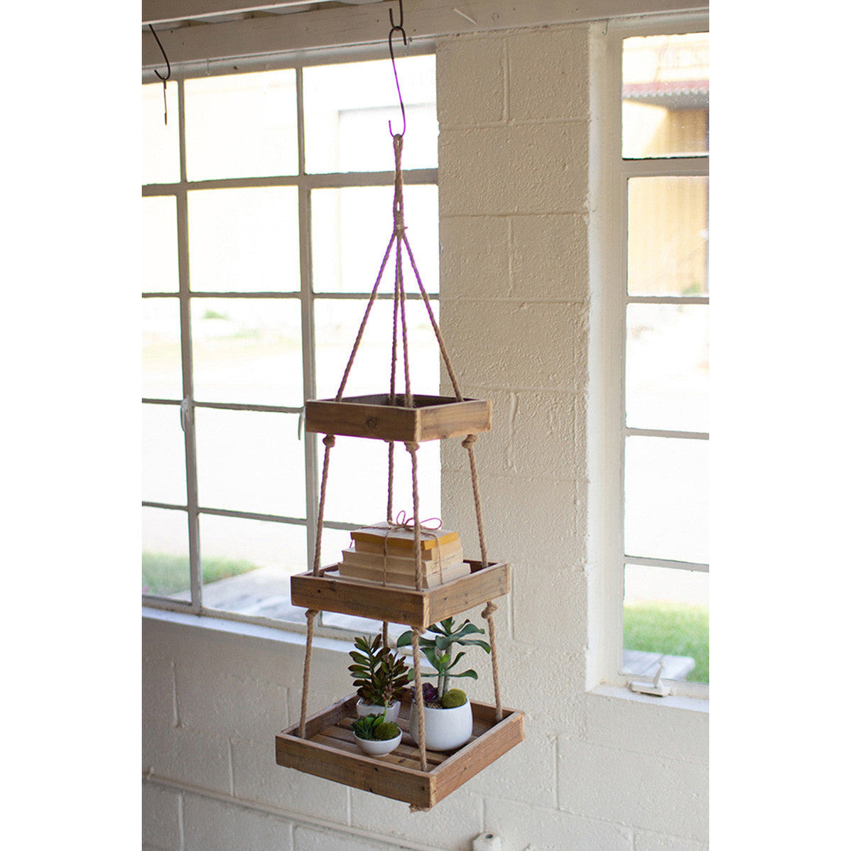 Hanging Three Tiered Square Recycled Wood Display with Jute Rope ...