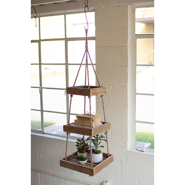 Hanging Three Tiered Square Recycled Wood Display with Jute Rope - Chapin Furniture