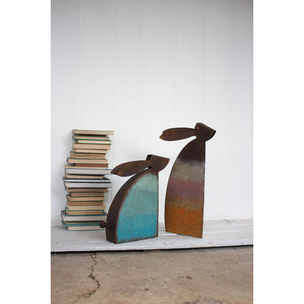 Set of 2 Rustic Metal Rabbits \ Colored Detail - Chapin Furniture