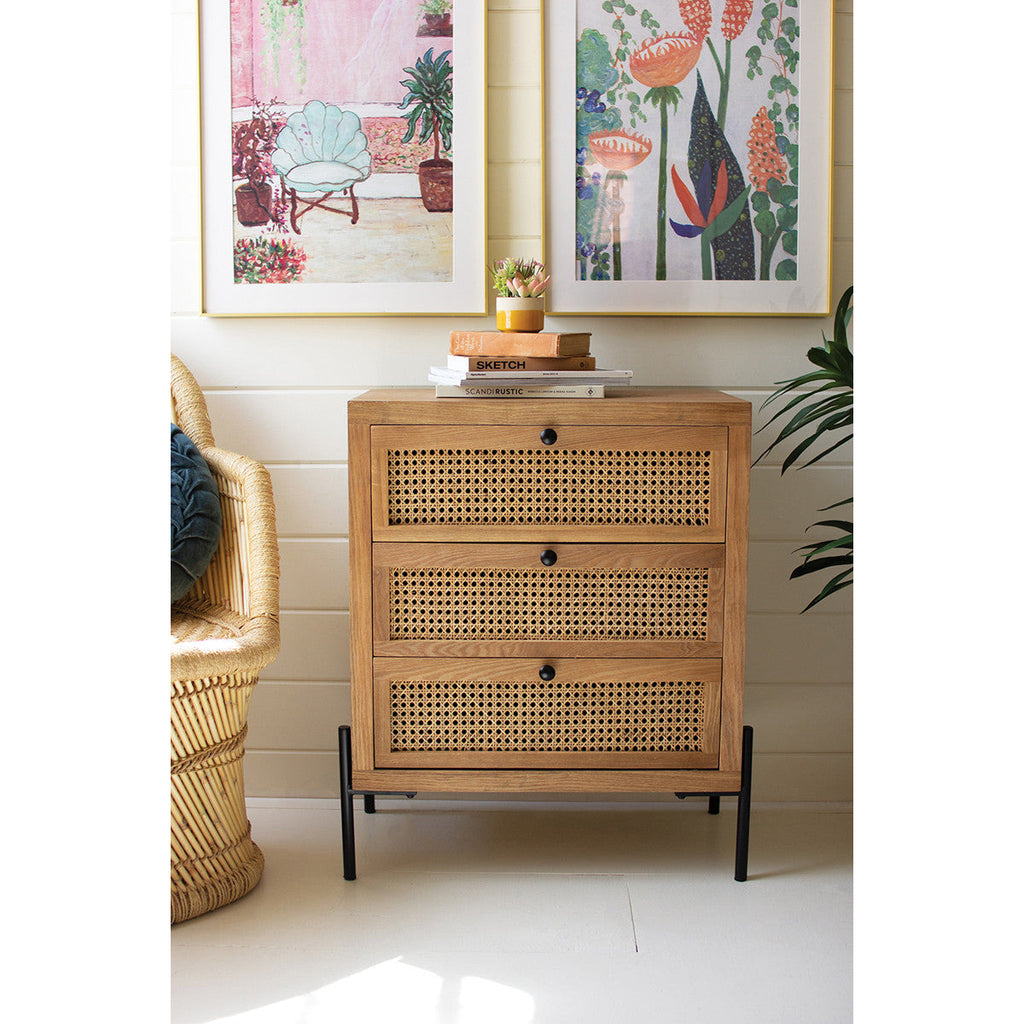 Wooden Bedside Table with Three Woven Cane Drawers - Chapin Furniture