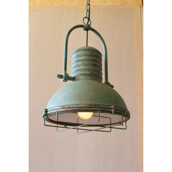 Antique Turquoise Pendant Light with Glass and Wire Cage - Chapin Furniture