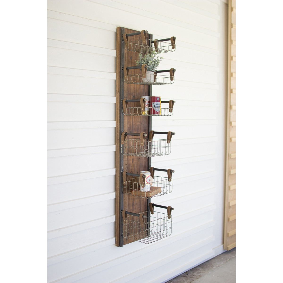 Recycled Wood & Metal Wall Rack with Six Wire Storage Baskets