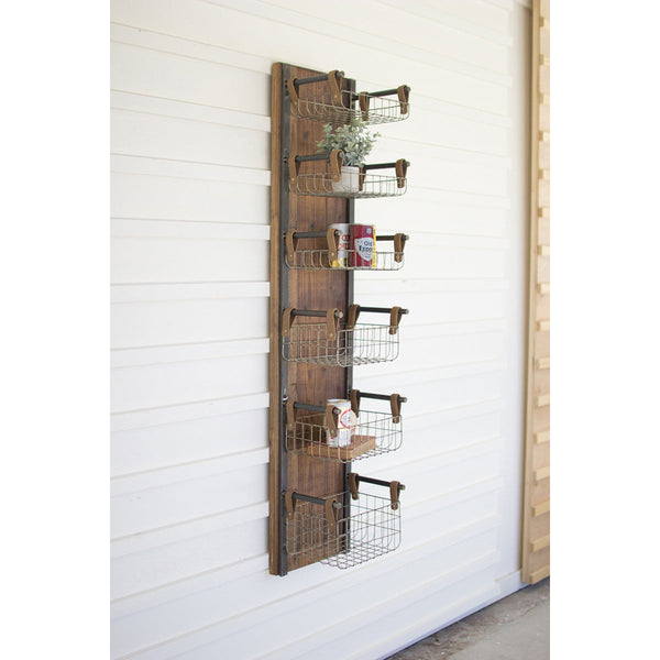 Recycled Wood & Metal Wall Rack with Six Wire Storage Baskets - Chapin Furniture
