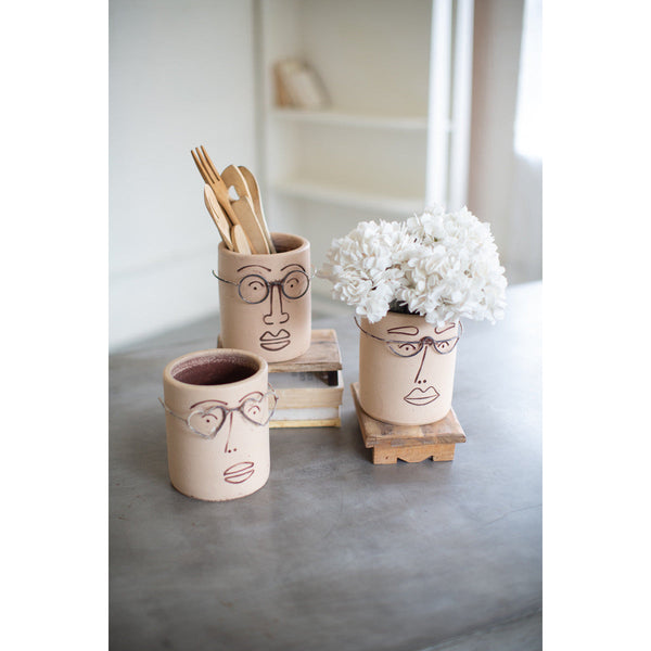 Set of 3 Clay Face Planters With Wire Glasses - Chapin Furniture