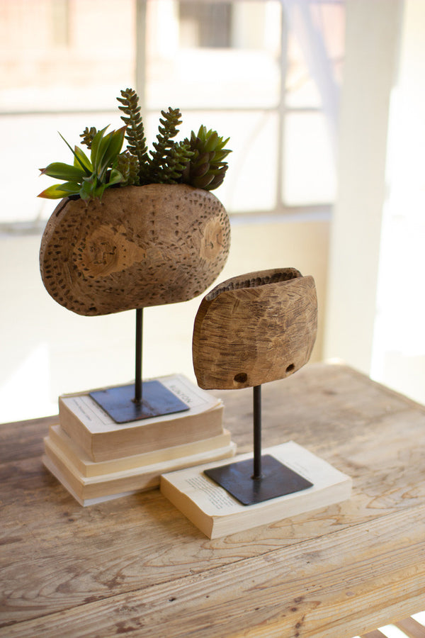 Set of 2 Repurposed Wooden Cow Bell Planters on Iron Stands - Chapin Furniture