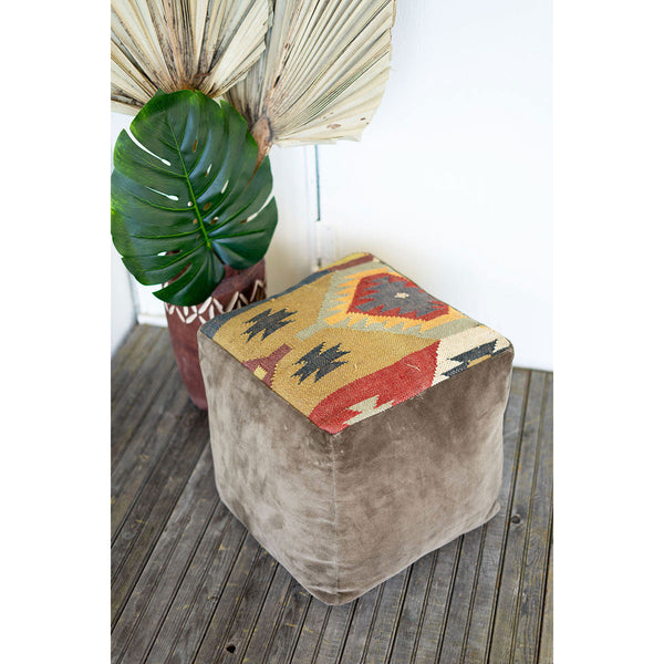 Brown Velvet and Kilim Pouf - Chapin Furniture