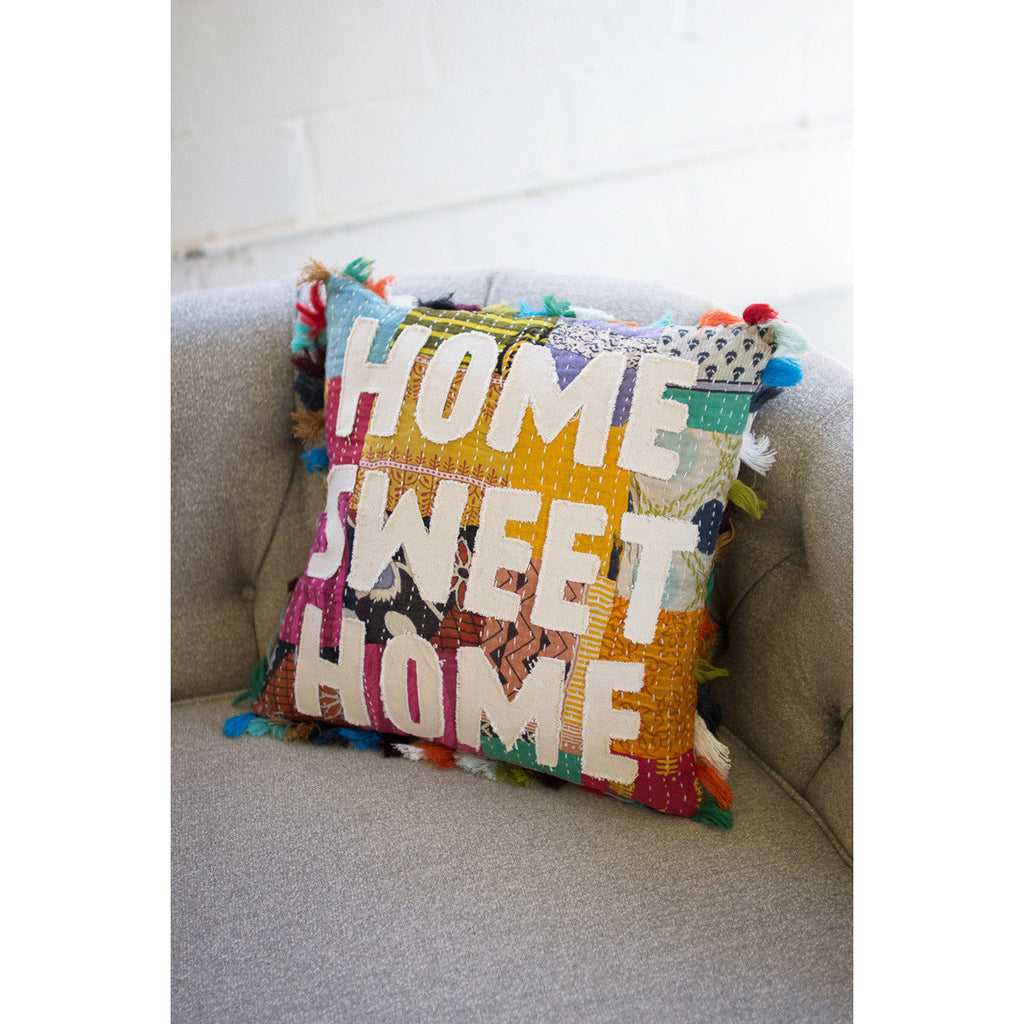 Home Sweet Home Kantha Pillow With Tassels - Chapin Furniture