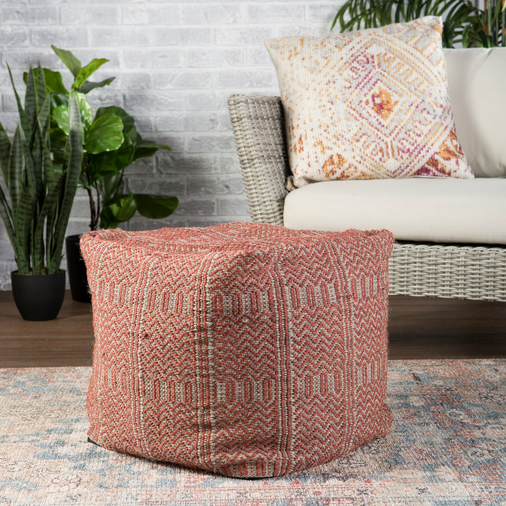 Jaipur Living Destrie Indoor/ Outdoor Tribal Red/ Light Gray Cube Pouf - Chapin Furniture