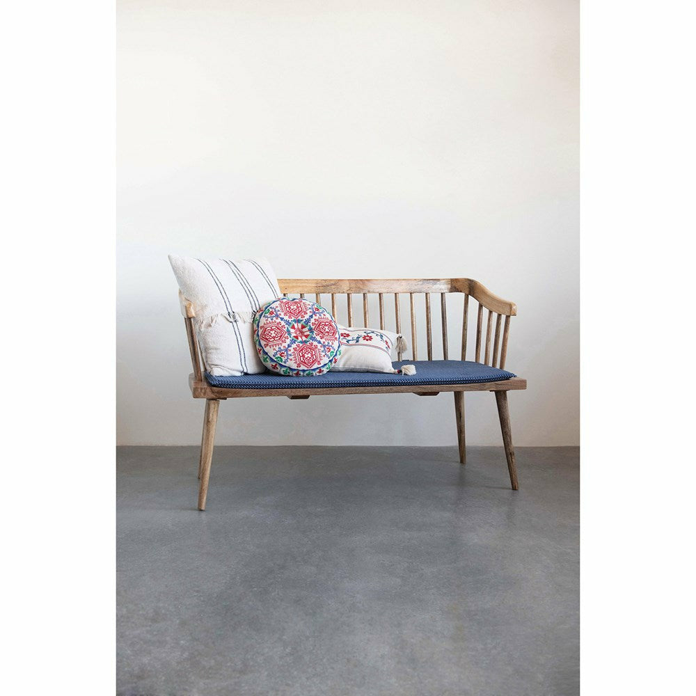 Mango Wood Bench w/ Printed Fabric Cushion - Thumbnail 4