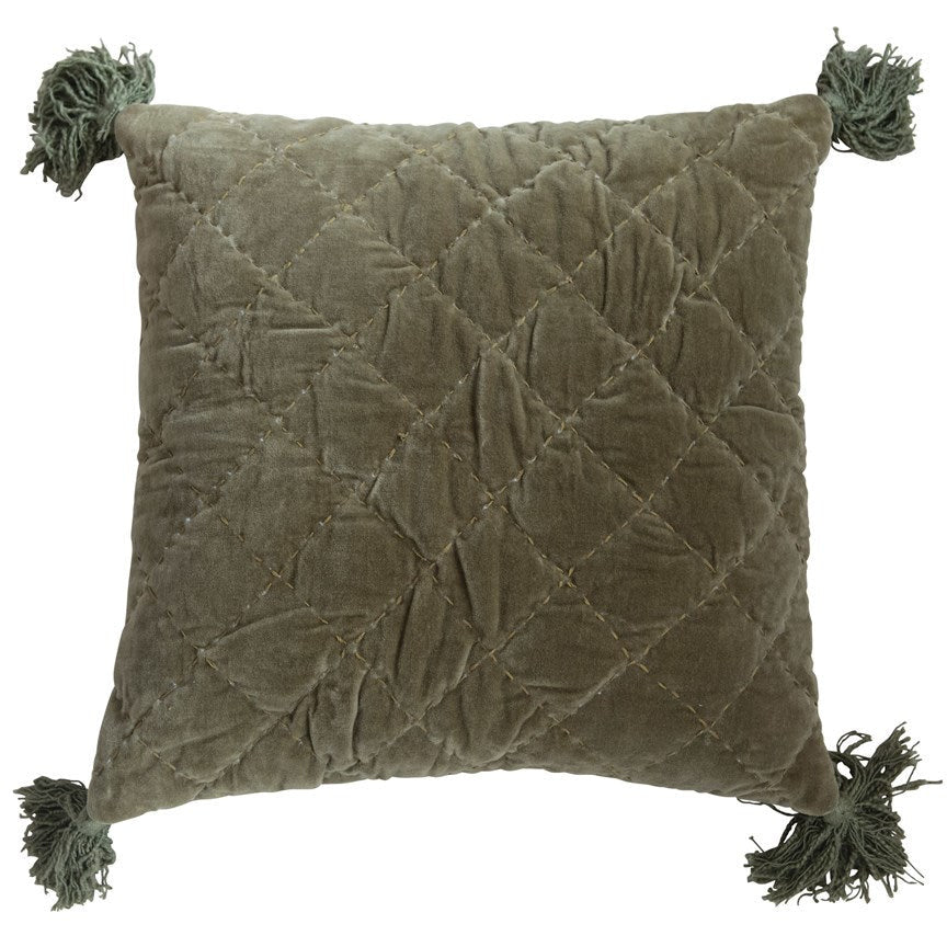 20" Square Quilted Cotton Velvet Pillow with Kantha Stitch & Tassels