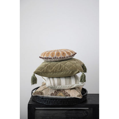 20" Square Quilted Cotton Velvet Pillow with Kantha Stitch & Tassels, Green - Chapin Furniture
