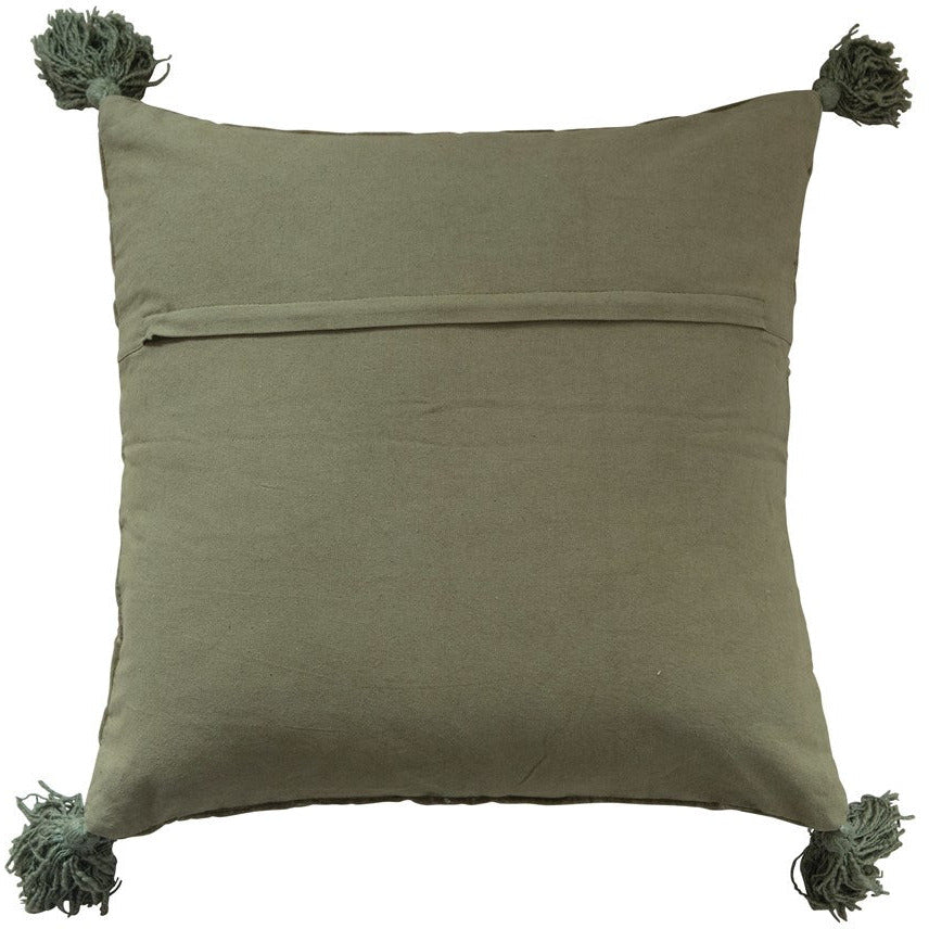 20" Square Quilted Cotton Velvet Pillow with Kantha Stitch & Tassels - Thumbnail 3