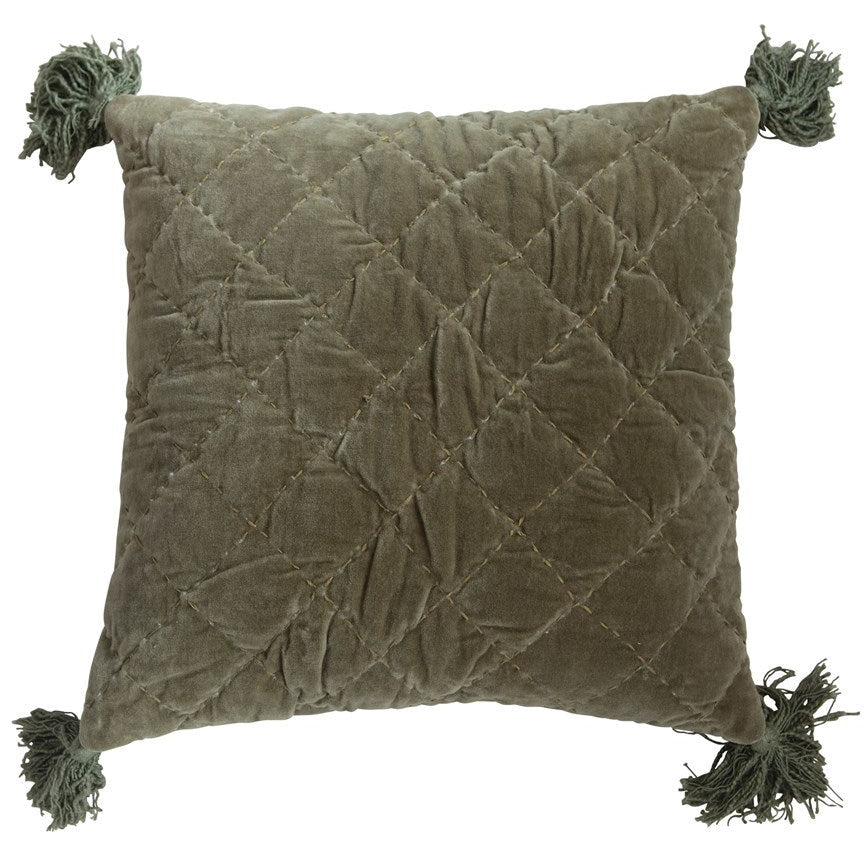 20" Square Quilted Cotton Velvet Pillow with Kantha Stitch & Tassels, Green - Chapin Furniture