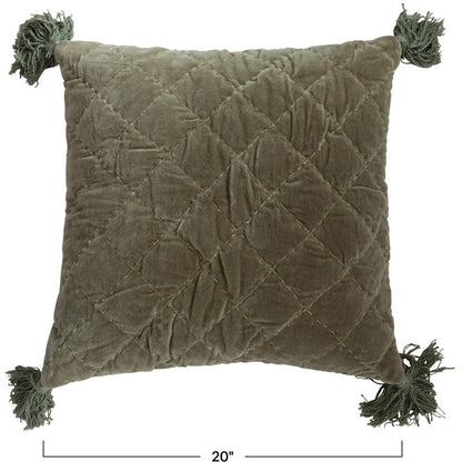 20" Square Quilted Cotton Velvet Pillow with Kantha Stitch & Tassels, Green - Chapin Furniture