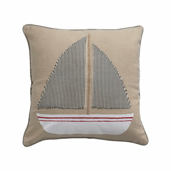 Cotton Pillow with Appliqued Boat and Striped Piping - Chapin Furniture