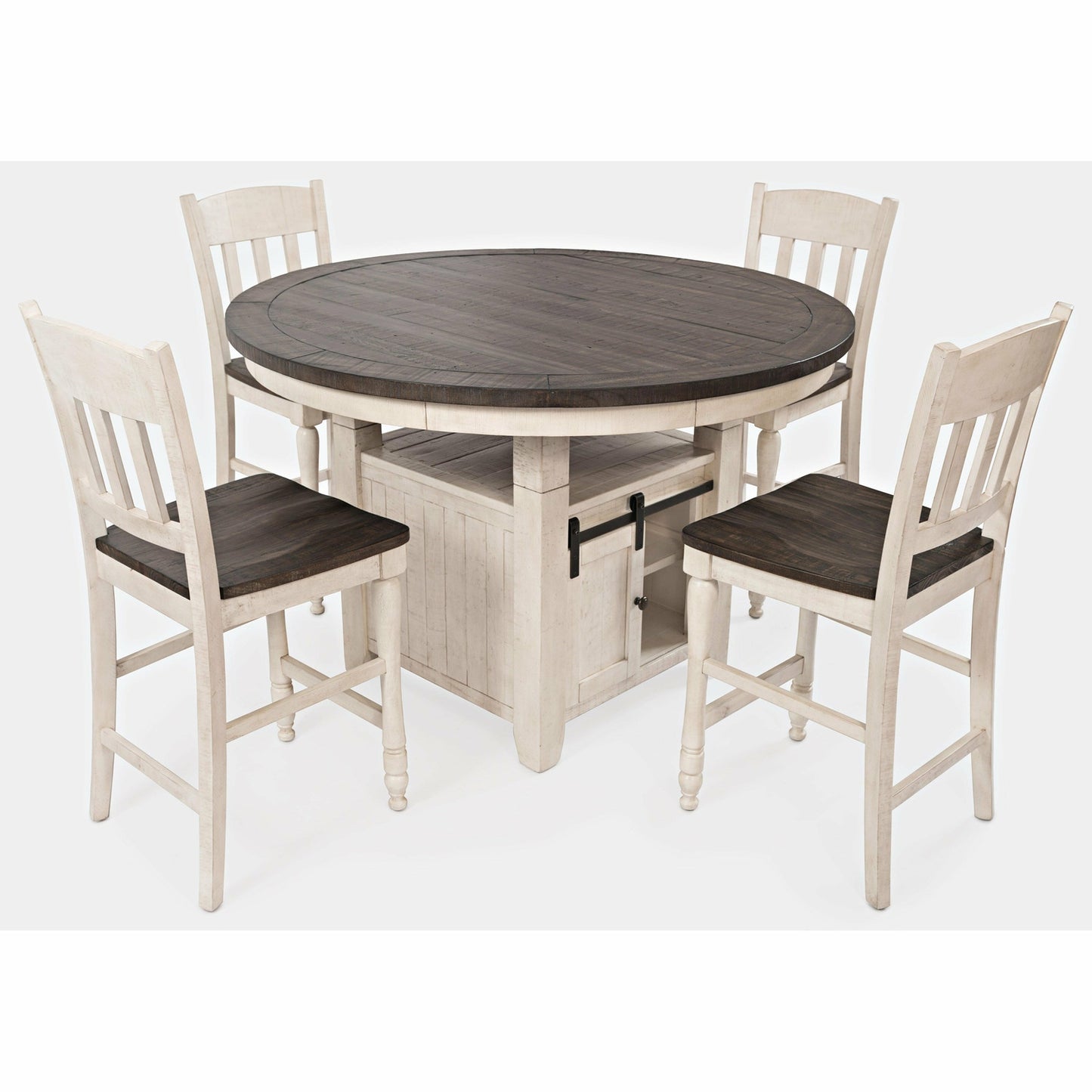 Madison County Counter Table With Storage Base WITH 6 Ladderback Counter Stools - Chapin Furniture