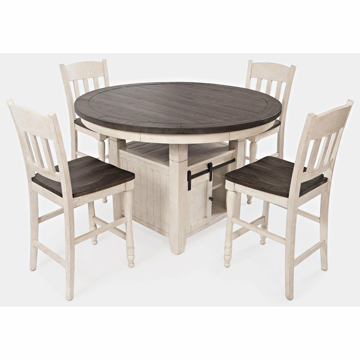 Madison County Counter Table With Storage Base WITH 6 Ladderback Counter Stools - Chapin Furniture